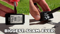 Ink cartridge labeled 27XL being held and demonstrated, with the cartridge's clip mechanism visible in close-up detail.