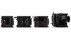 Four professional cinema cameras displayed in profile view from left to right.