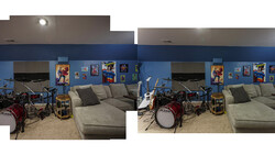 Side-by-side comparison of a home studio with drum kit and couch, showing different camera angles or lighting setups.