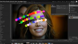 Screenshot of ACDSee Photo Studio Ultimate 2024 showing portrait editing interface with colorful light bokeh overlay effect applied to woman's face.