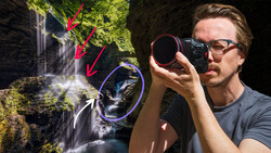 Photographer holding telephoto lens with annotated diagram showing waterfall scene composition.