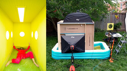 Split-screen comparison of a bright yellow enclosed space with a person in red clothing and a beige camping trailer setup in a backyard with a blue inflatable pool.