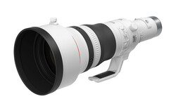 White telephoto lens with black interior barrel and focus ring against white background.
