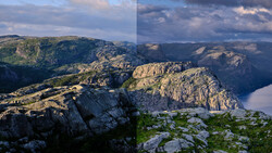 Split-screen comparison of mountainous landscape under different lighting and sky conditions.