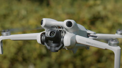 DJI Mini 4 Pro drone photographed from above against a blurred green foliage background.