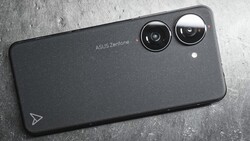 ASUS Zenfone smartphone rear showing dual camera module on dark textured background.