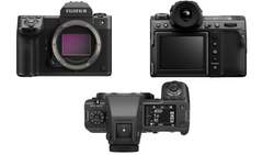 Three views of a Fujifilm GFX medium format mirrorless camera showing front, back, and top angles.