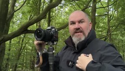 Photographer holding a professional DSLR camera on a tripod in a wooded forest setting.