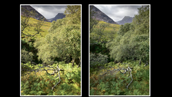 Side-by-side comparison of the same mountain valley landscape in different post-processing styles.