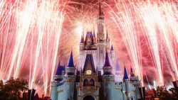 Fireworks burst above a fairy tale castle with multiple spires and turrets illuminated at night.