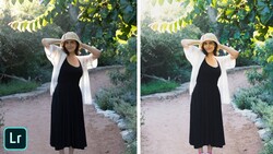 Before and after comparison of a woman in a garden wearing a black dress and straw hat, showing editing adjustments.