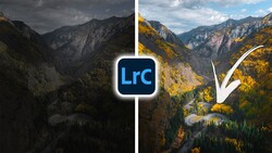 Before-and-after comparison of mountain landscape editing in Lightroom, showing darker left side versus brighter, color-enhanced right side.