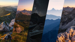 Alpine mountain landscape composite showing layered peaks at golden hour with a piano keyboard detail in the center.