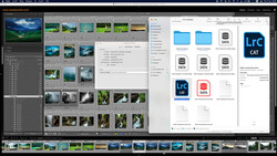 Screenshot of photo editing software showing landscape image library with folder organization panel and file management window.
