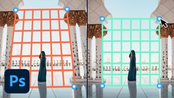 Screenshot showing Photoshop's grid selection tool overlaid on two side-by-side images of a woman in a modern interior space.