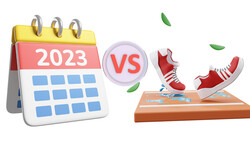 Illustration comparing 2023 calendar versus red sneakers with a versus symbol.