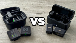 Two wireless microphone systems displayed side-by-side with their cases and batteries for comparison.