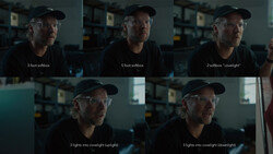 Screenshot showing five lighting setups compared on a man's face with different softbox and overhead configurations.