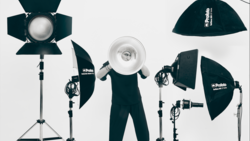 Professional studio lighting kit with five softboxes and reflectors arranged on stands against a white background.