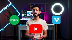 Content creator in streaming studio with neon lighting and professional equipment setup.