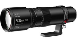 Black telephoto lens with 500mm focal length and f/6.3 aperture rating mounted on tripod collar.
