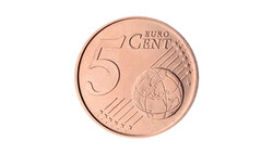 Close-up of a 5 euro cent coin showing the denomination and globe design against a white background.