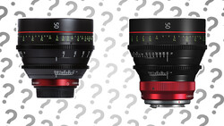 Two 50mm cinema lenses with red mounts and focus rings, shown side by side against a question mark pattern background.