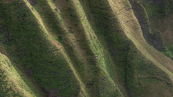 Aerial view of forested mountainside with parallel ridge patterns and deep shadows creating dramatic diagonal lines.