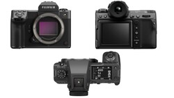 Three views of a Fujifilm GFX mirrorless camera showing front, rear, and top angles.