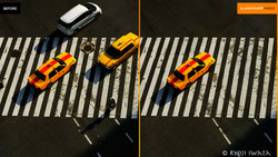 Before and after comparison of taxi cabs at a crosswalk, showing color correction and contrast enhancement.