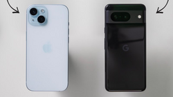 Rear view comparison of two smartphones with dual camera systems against a neutral background.