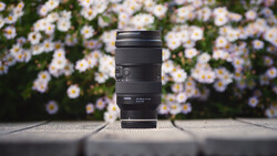 Black telephoto zoom lens standing upright on concrete with soft-focus daisies in background.