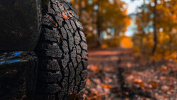 Close-up of a vehicle tire tread with autumn foliage blurred in the background.