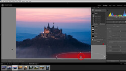 Screenshot of photo editing software showing a castle on a hilltop at sunset with adjustment layers and gradient mask visible.