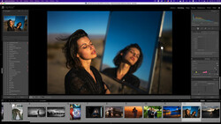 Screenshot of photo editing software showing portrait of woman with reflected composition in glass surface.