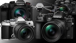 Illustration of six mirrorless cameras displaying various models from Panasonic Lumix, DJI, and Olympus product lines.