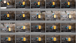 Contact sheet showing multiple overhead aerial shots of a person in blue clothing next to a yellow vehicle on pavement.