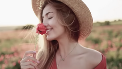 Woman in straw hat smelling red rose in flowering field during golden hour.