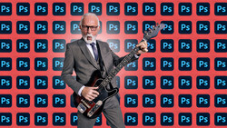 Professional man in business suit playing electric bass guitar against red and blue Adobe Photoshop logo background.