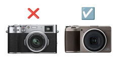 Comparison graphic showing two compact cameras with a red X marking the left camera and a blue checkmark marking the right camera.