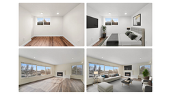 Four renderings showing empty and furnished interior spaces with hardwood floors and large windows.