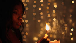 Woman holding a lit candle against a blurred backdrop of warm golden bokeh lights.