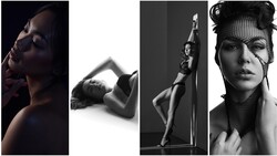 Four black and white portrait photographs showcasing dramatic lighting and posed figure studies.