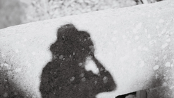 Shadow of a person holding a camera cast on snow-covered surface.