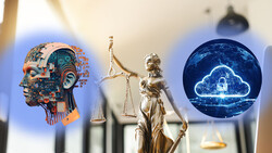 Composite illustration showing an AI-generated human head profile, Lady Justice statue with scales, and a cloud security icon.