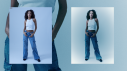 Side-by-side studio portraits showing editing variations of a woman in white tank top and distressed blue jeans.