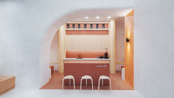 Interior rendering of a minimalist coffee shop with terracotta tile flooring and three white stools at the counter.
