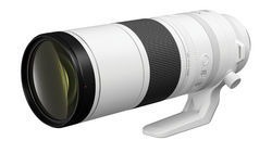 White telephoto lens with black front element and focus ring, shown at three-quarter angle against white background.