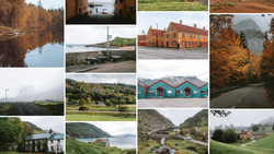 Grid of 16 landscape photographs showing rural scenery across various seasons and weather conditions.