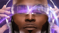 Person wearing futuristic translucent visor with purple light reflections and glowing energy effects around their head.